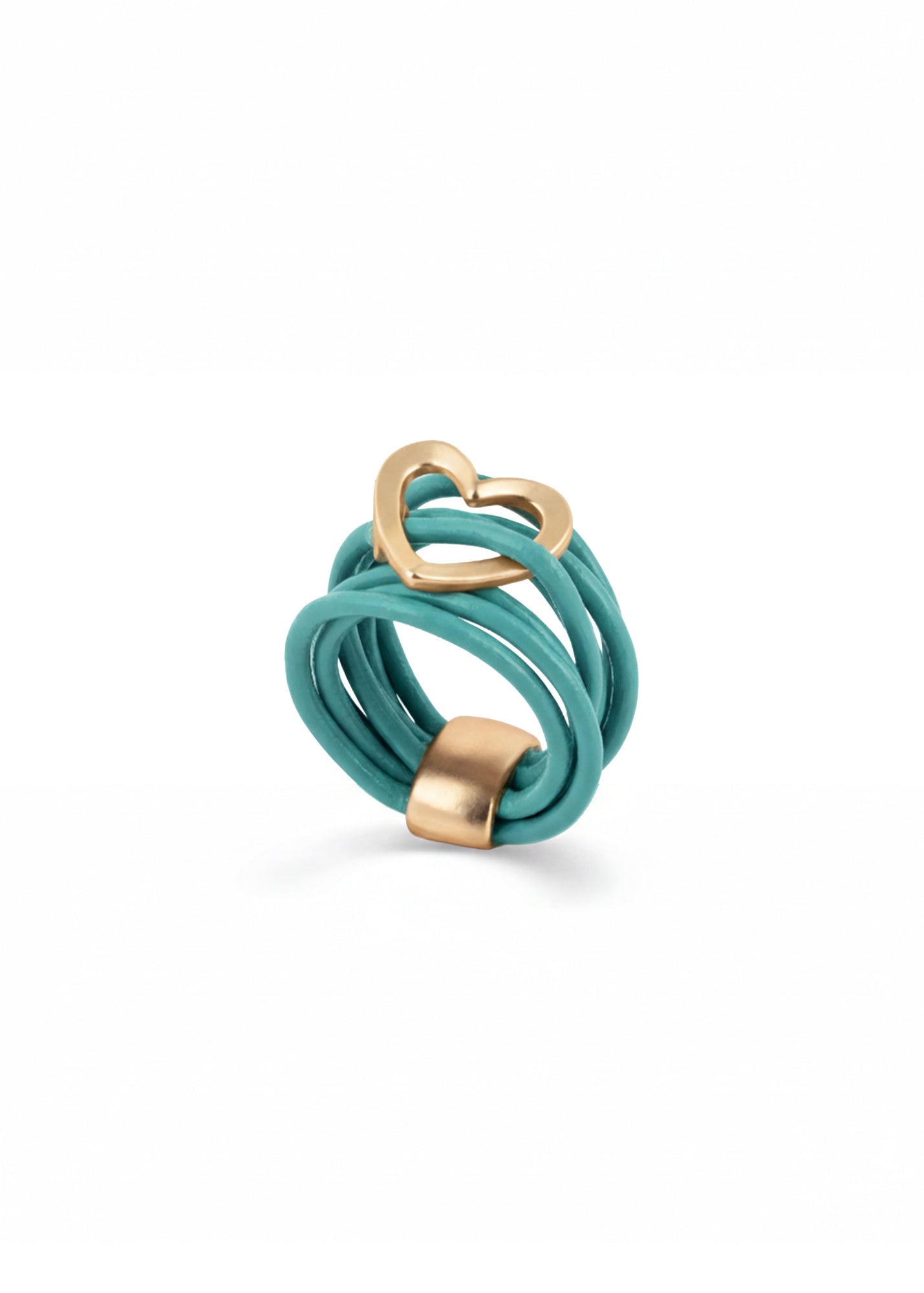 Leather strap ring with turquoise metal heart