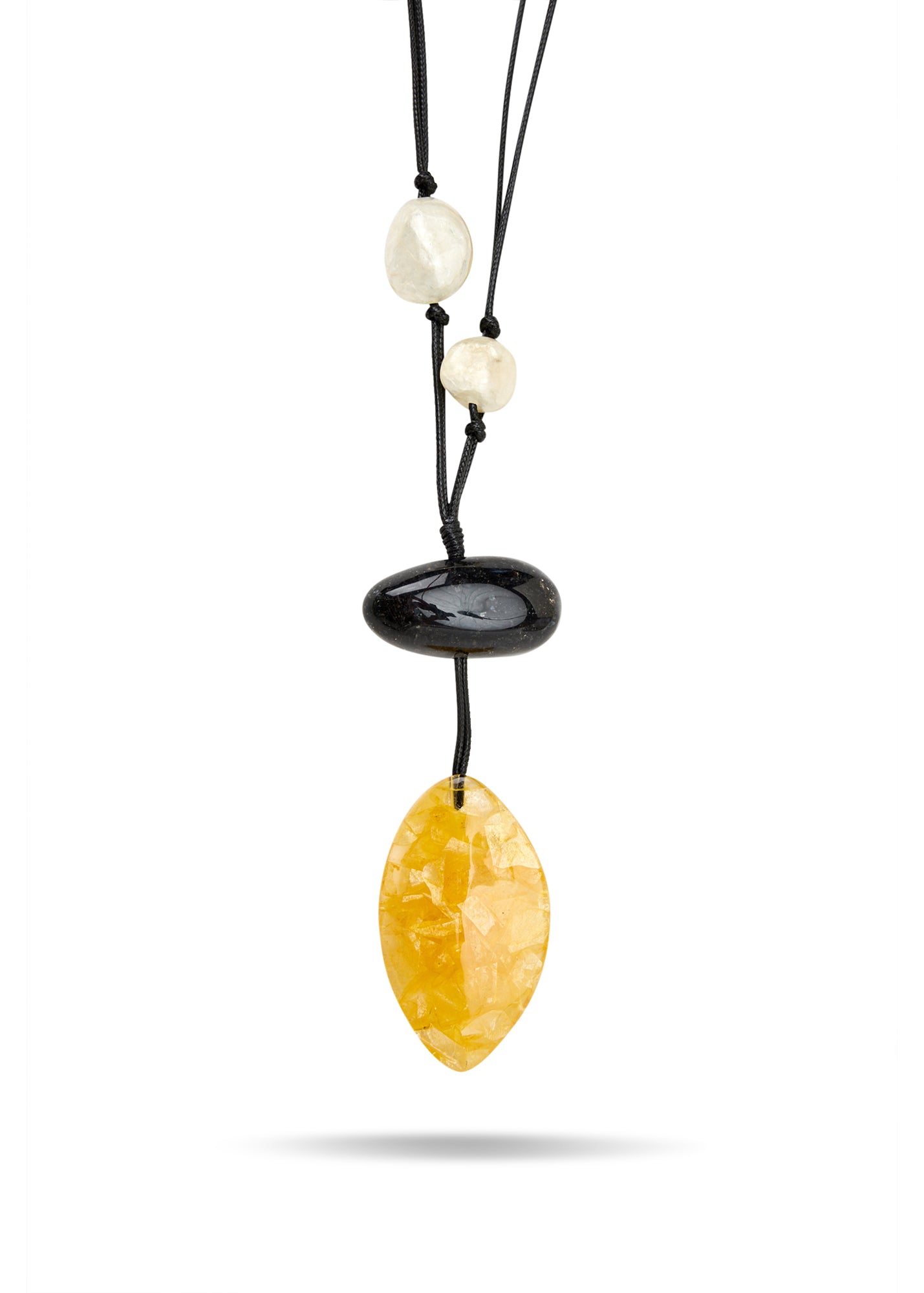 Handmade necklace combining shapes, yellow resin