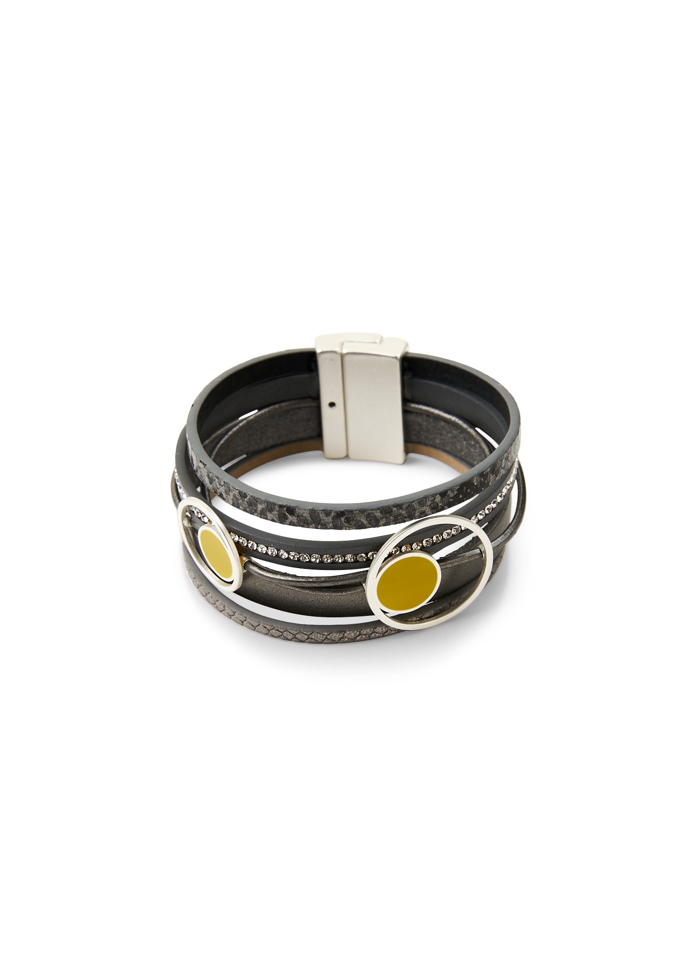 Bracelet with leather straps and metal circles in dark gray colors