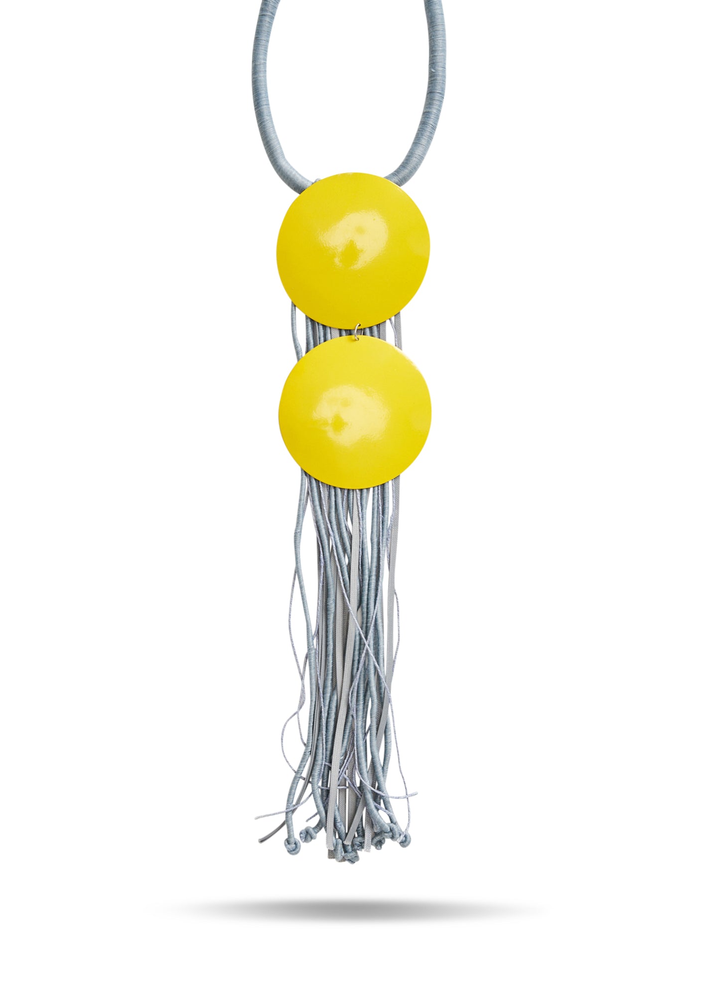 Handmade necklace with discs and yellow natural thread