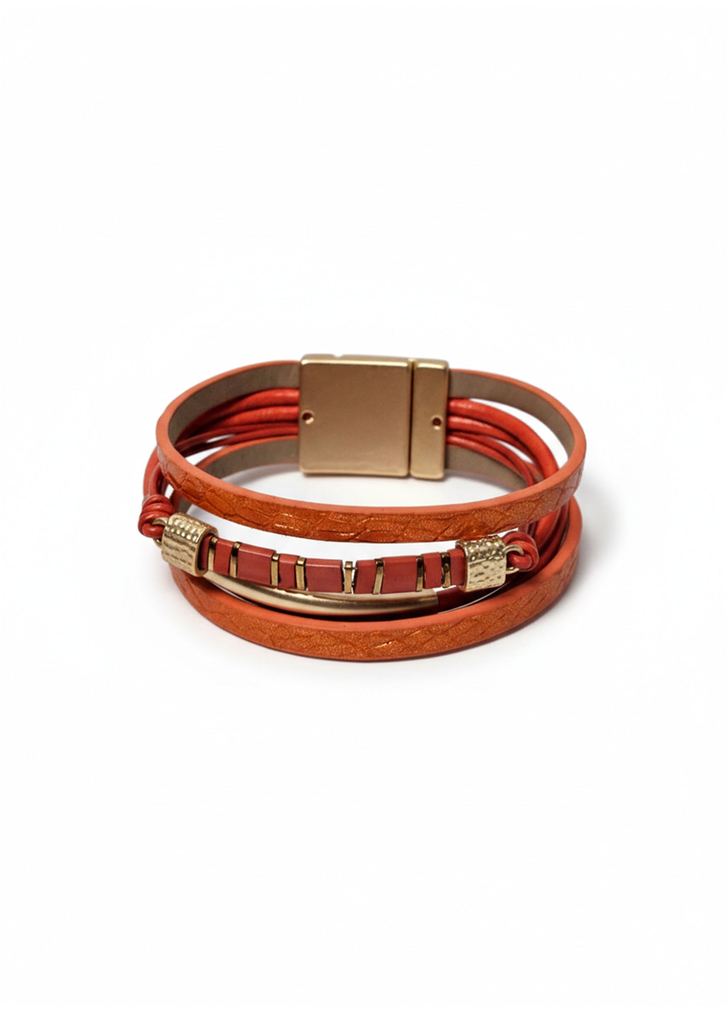 Leather row bracelet combining tube and square orange beads