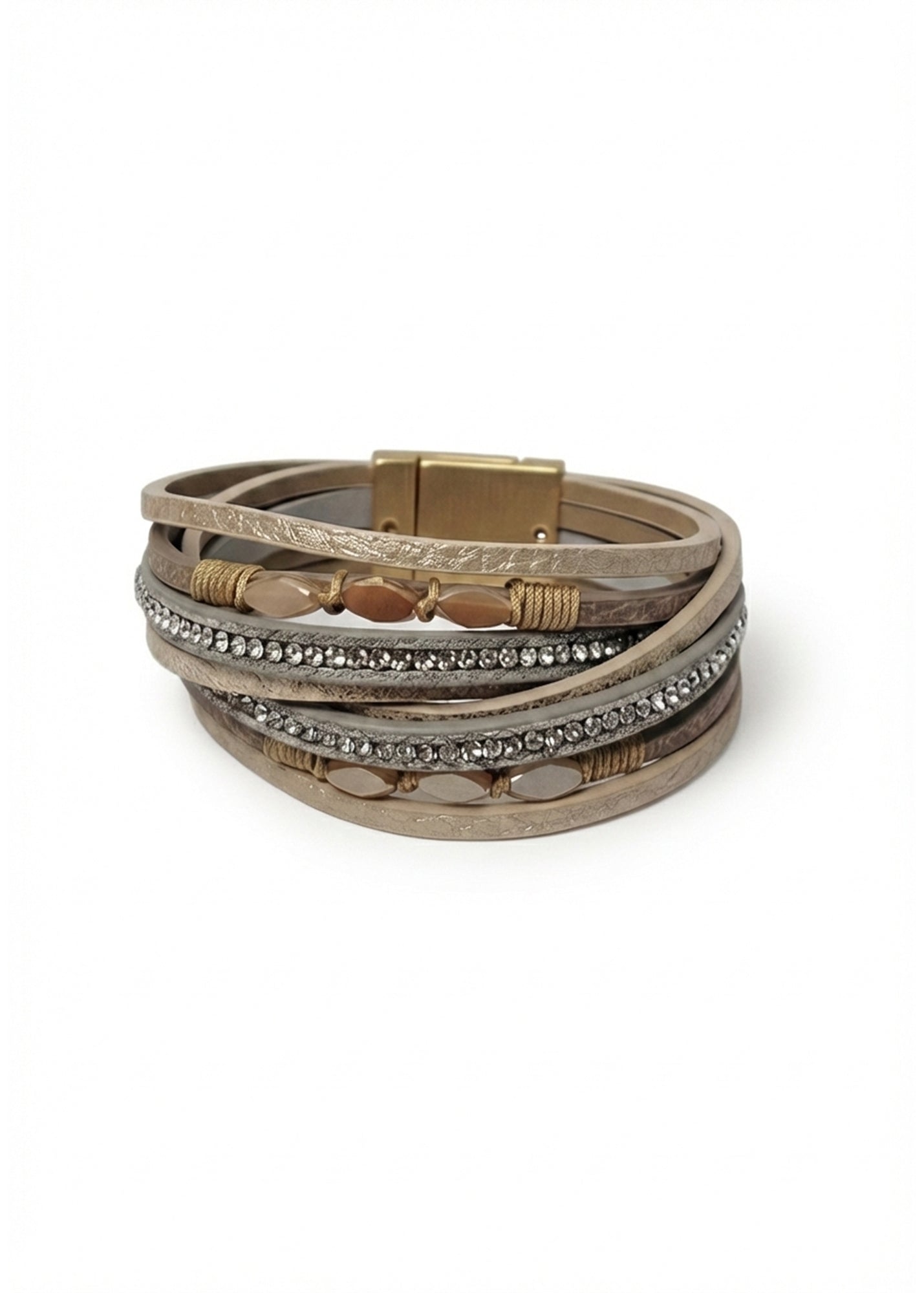 Bracelet combining different types of leather and small beige stones