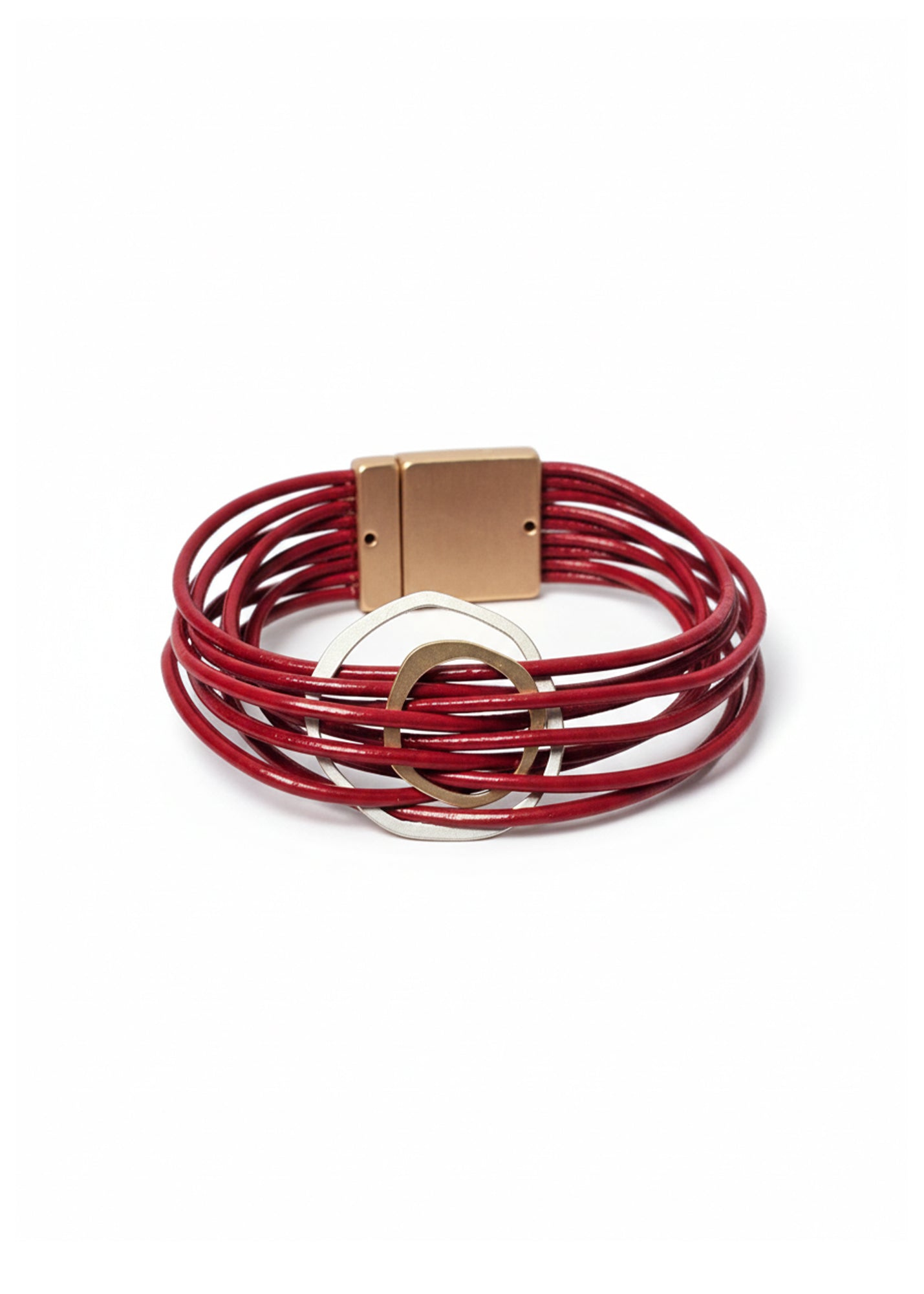 Bracelet with thin leather cords and two asymmetrical red circles