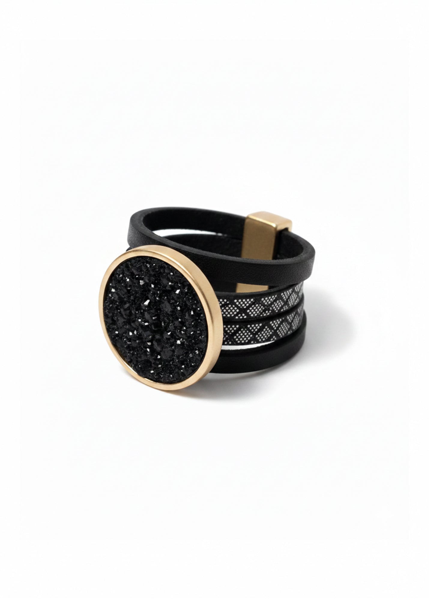 Leather strap ring with black stone-like element