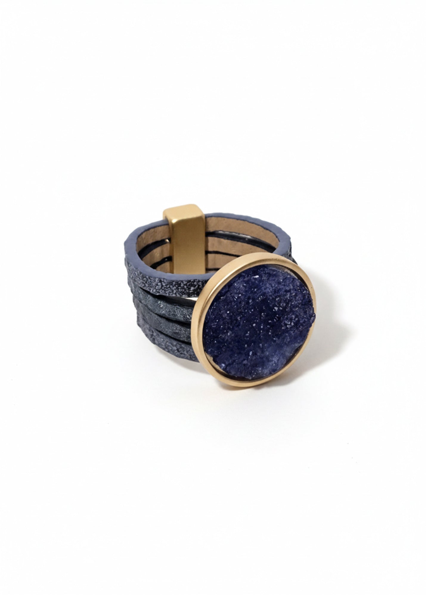 Leather strap ring with dark blue stone-like element