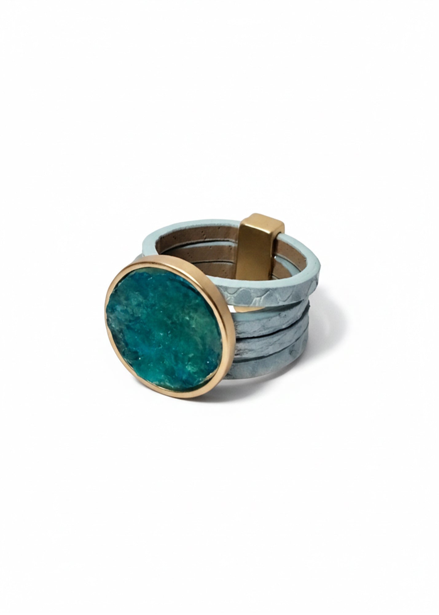 Leather strap ring with turquoise stone-like element