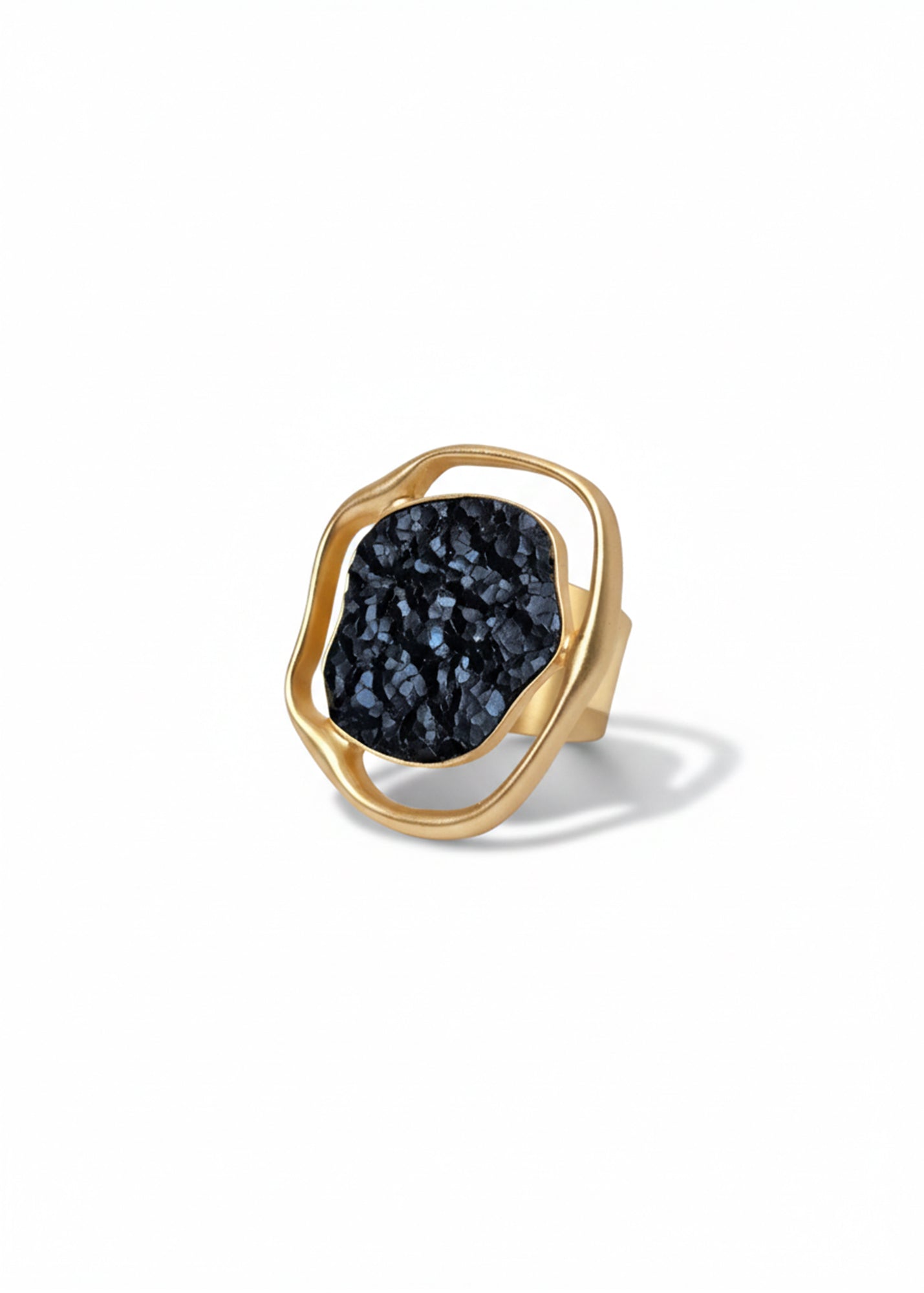 Asymmetrical element ring combined with dark blue leather