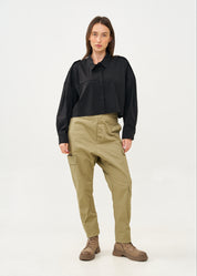 Black button-down shirt with long shoulder straps