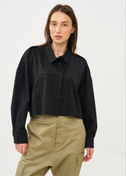 Black button-down shirt with long shoulder straps