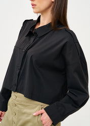 Black button-down shirt with long shoulder straps