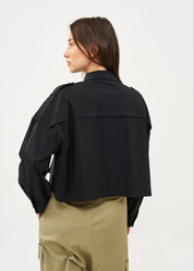 Black button-down shirt with long shoulder straps