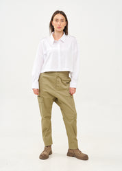 White button-down shirt with long shoulder straps