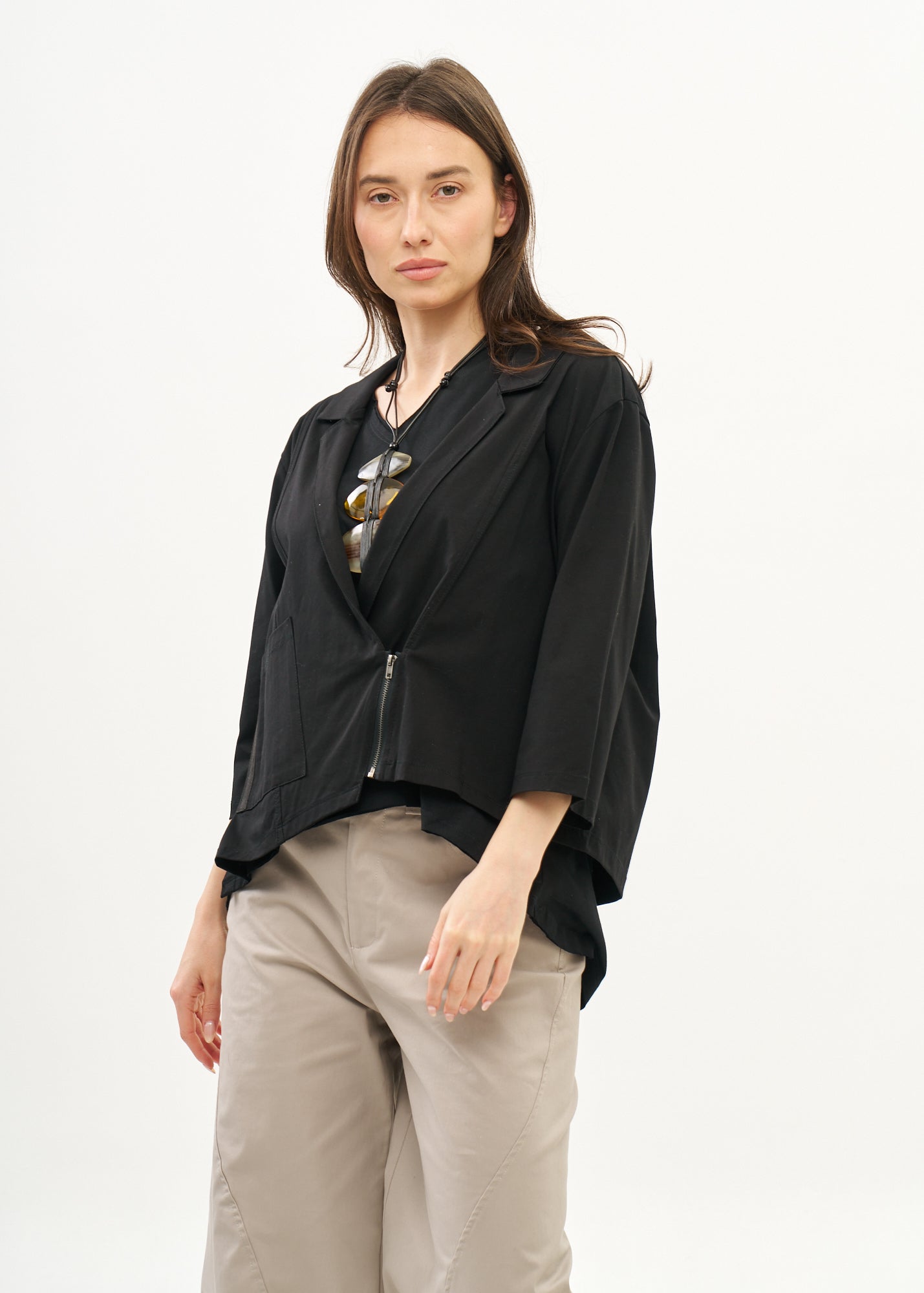 Black diagonal zipper 3/4 sleeve top