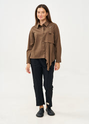Brown button-down shirt with half-waist and pleats