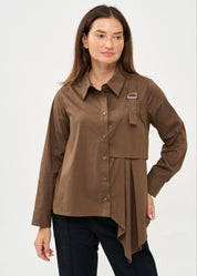 Brown button-down shirt with half-waist and pleats