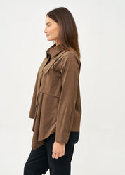 Brown button-down shirt with half-waist and pleats