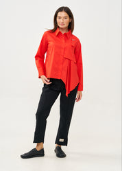 Red button-down shirt with half-waist and pleats