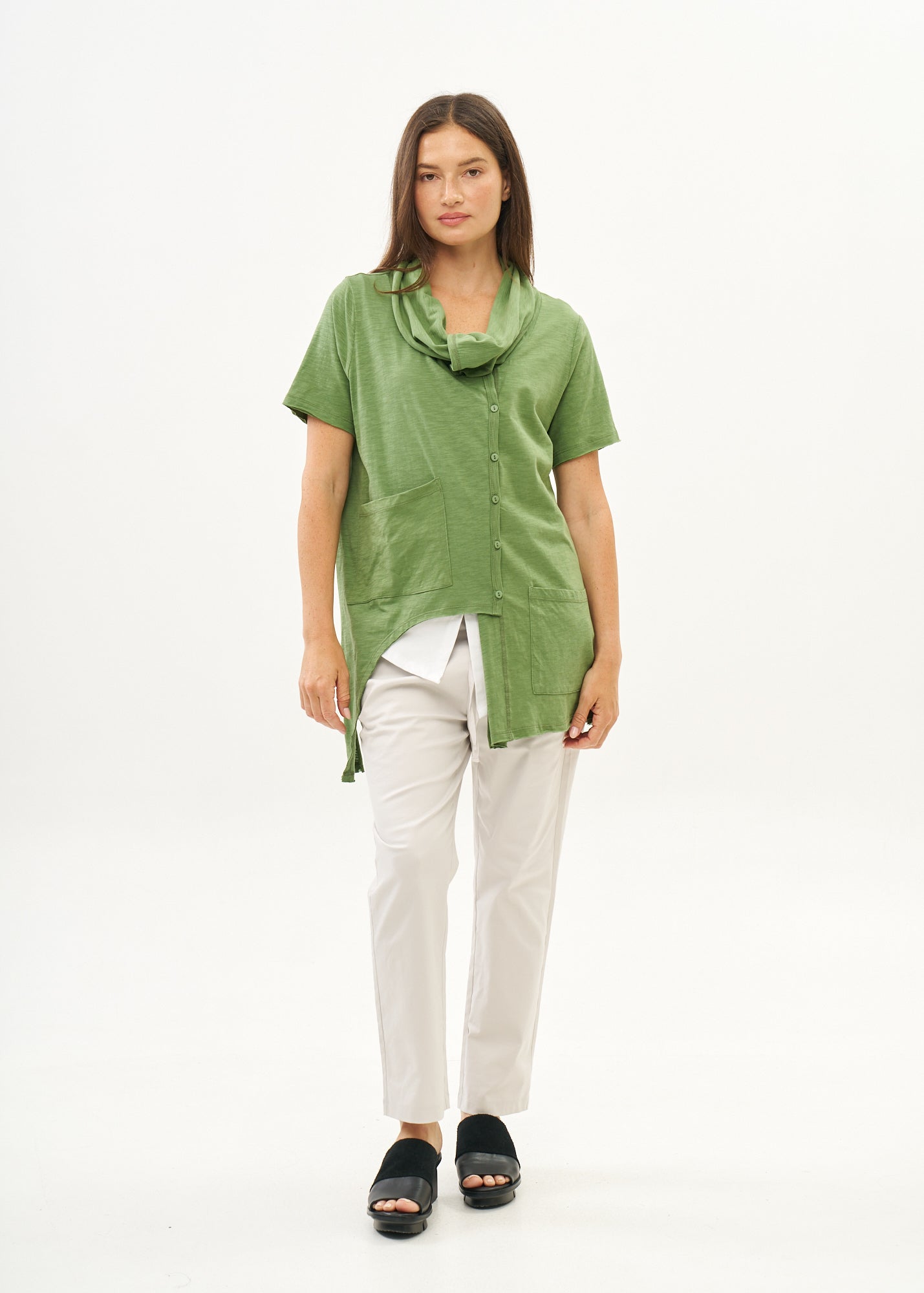 Green short-sleeved collared and buttoned top