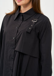 Black button-down shirt with half-waist and pleats