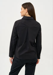 Black button-down shirt with half-waist and pleats