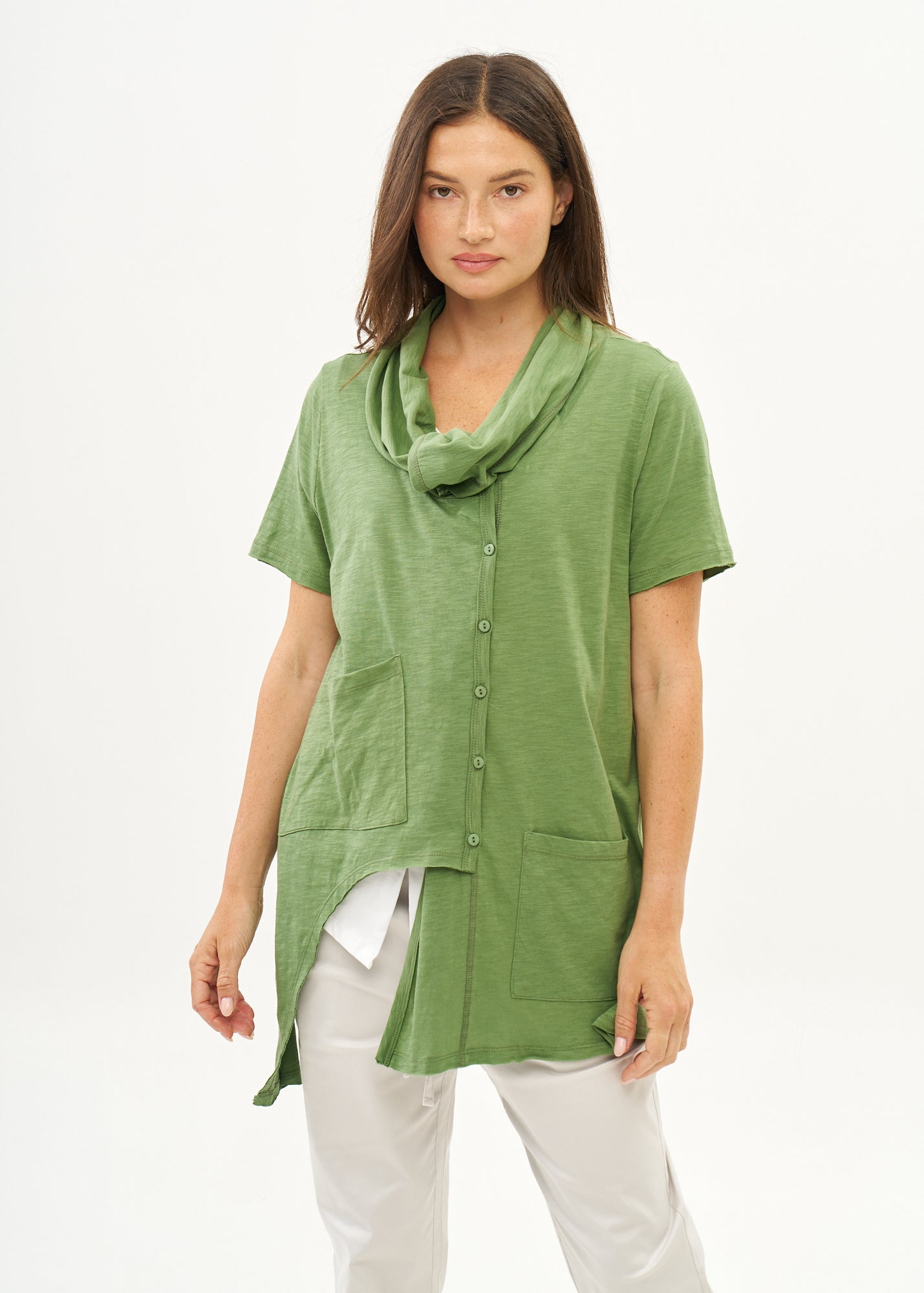 Green short-sleeved collared and buttoned top