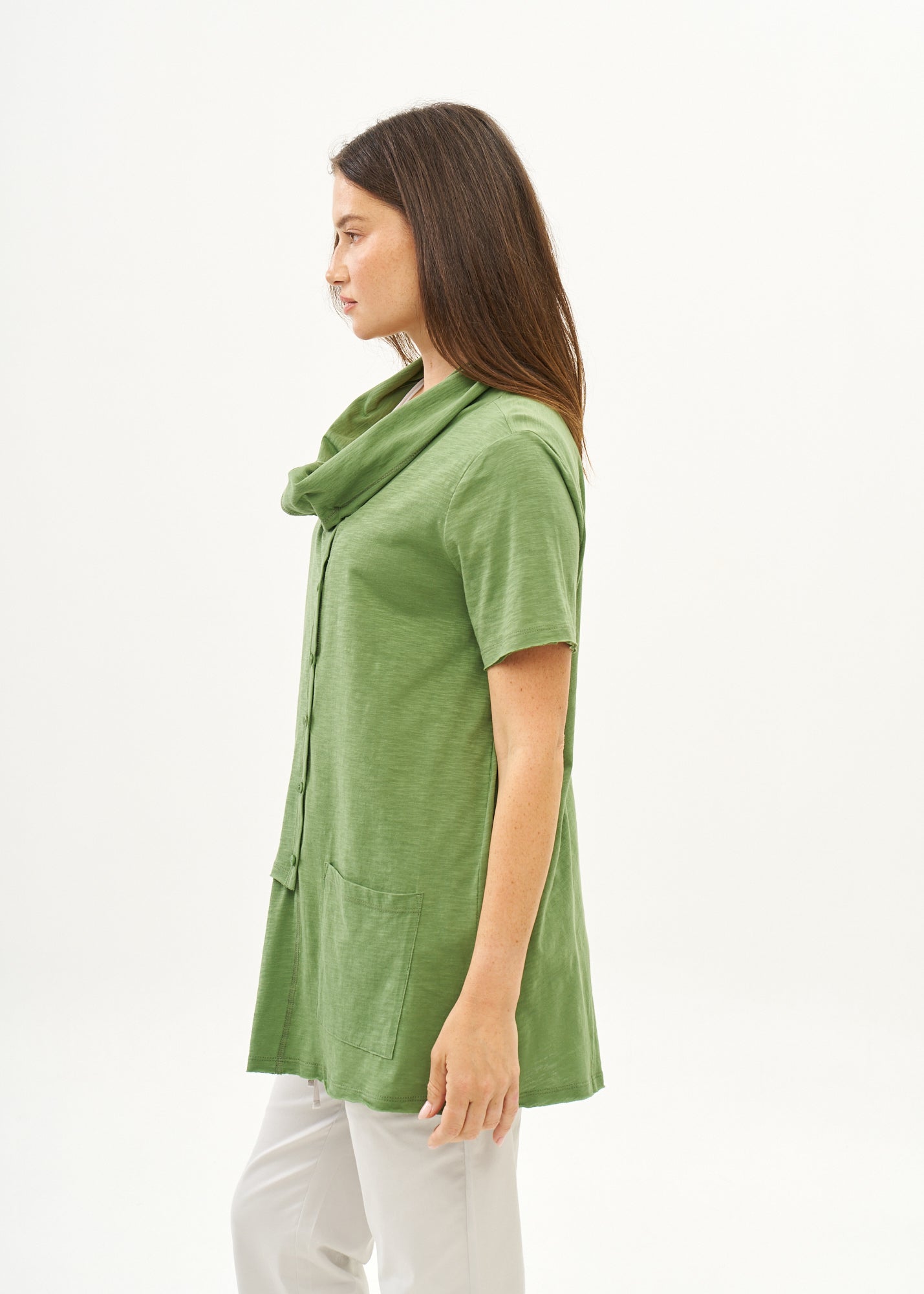 Green short-sleeved collared and buttoned top