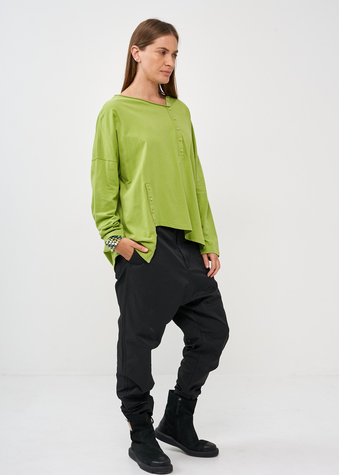 Green two-button long-sleeved shirt
