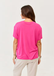 Fuchsia pink short sleeve T-shirt, straight fit, side slits