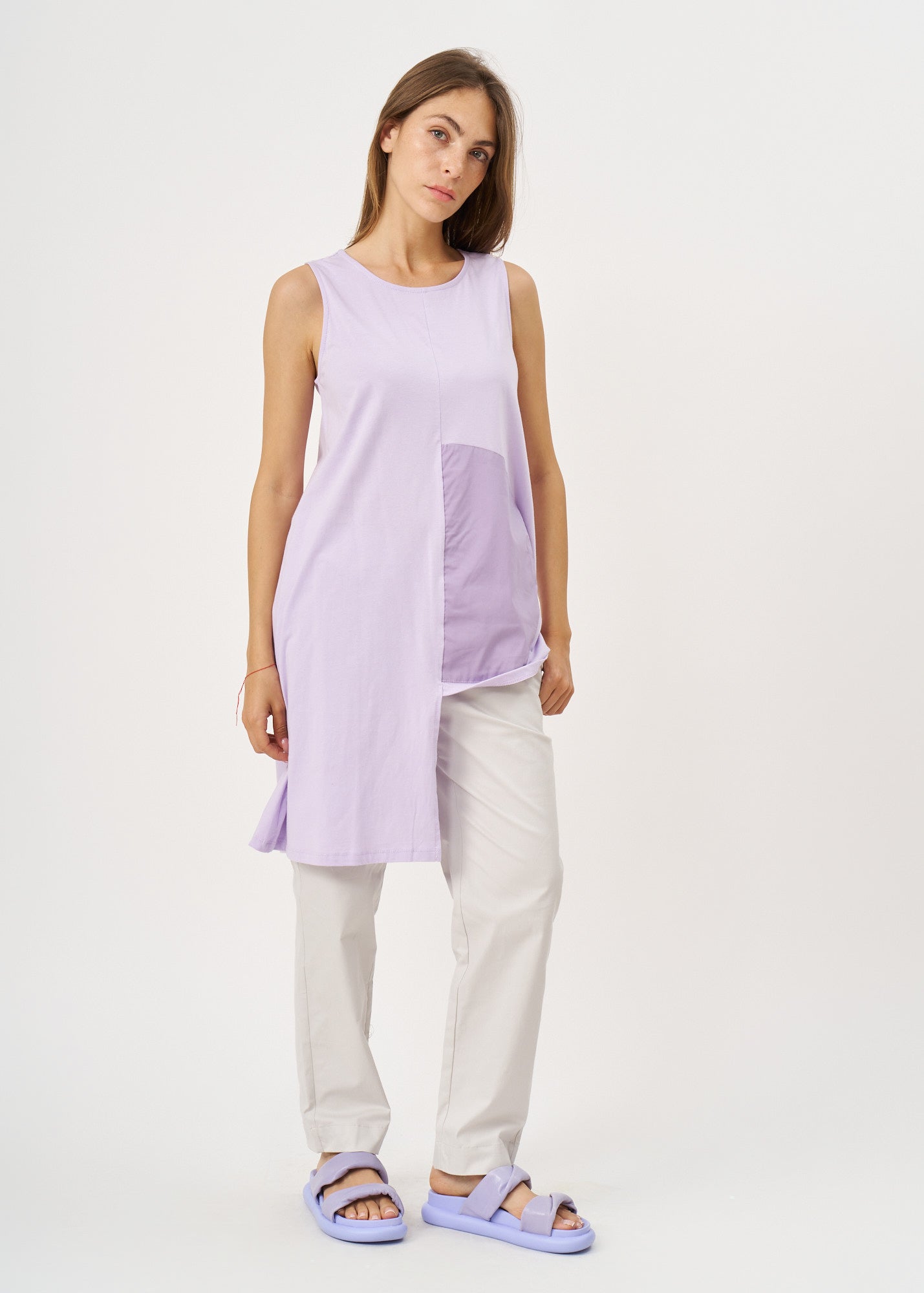 Purple fabric semi-circle pocket tank top