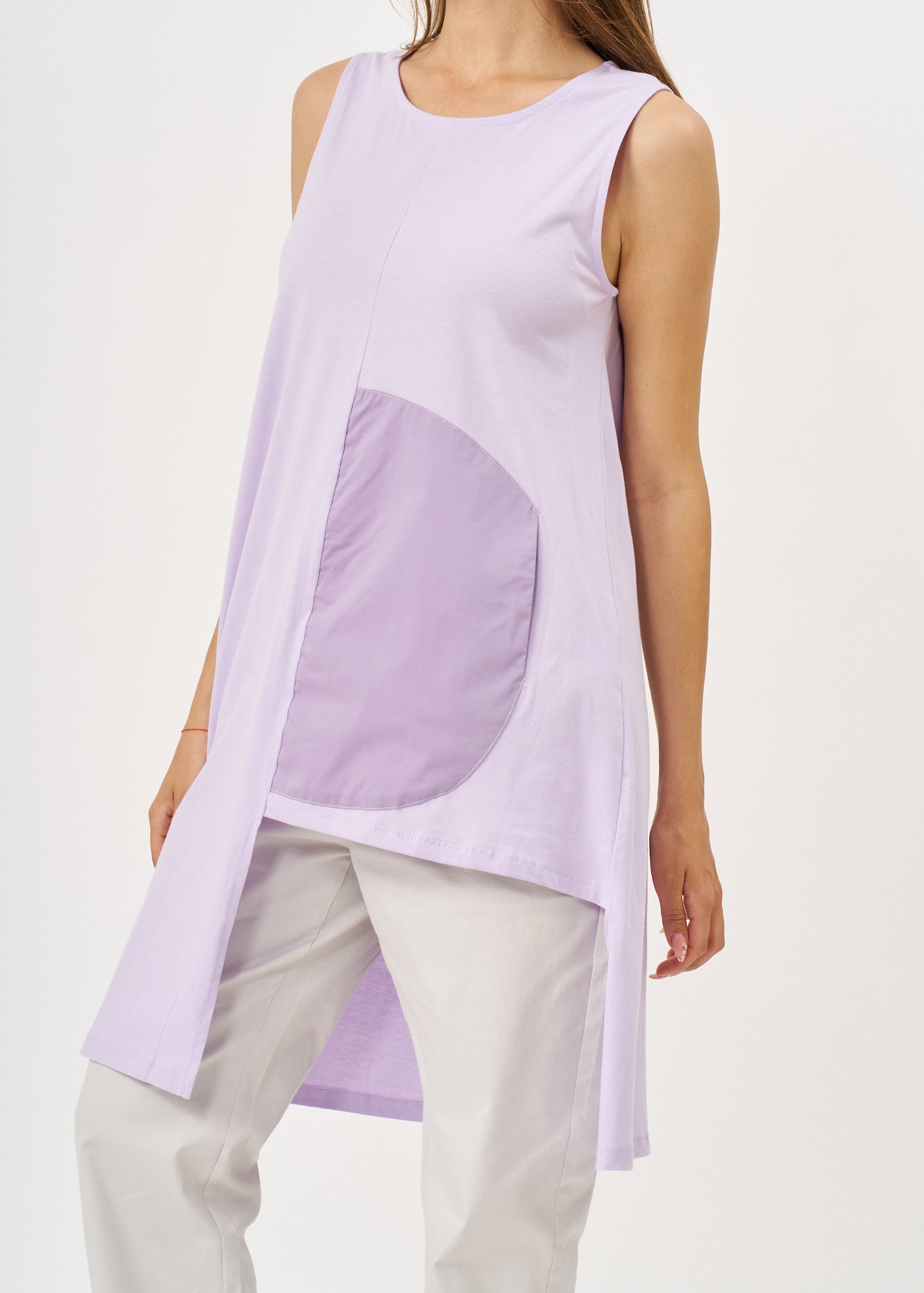 Purple fabric semi-circle pocket tank top