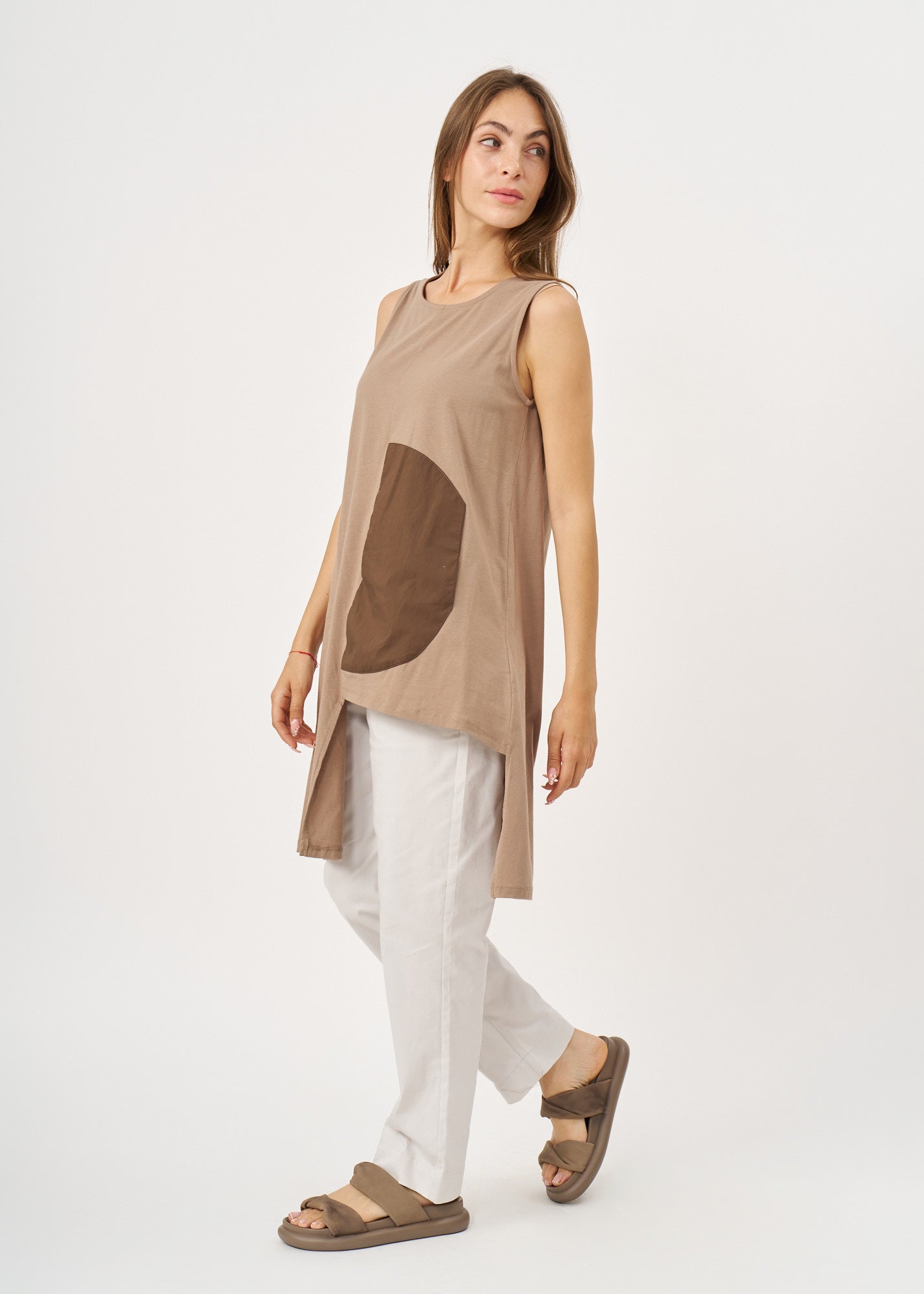 Brown fabric half-circle pocket tank top