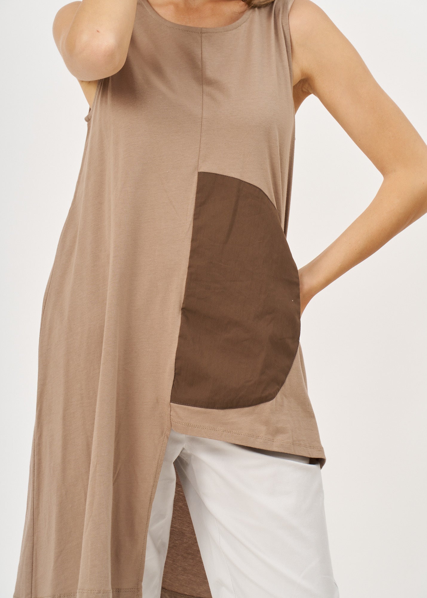 Brown fabric half-circle pocket tank top
