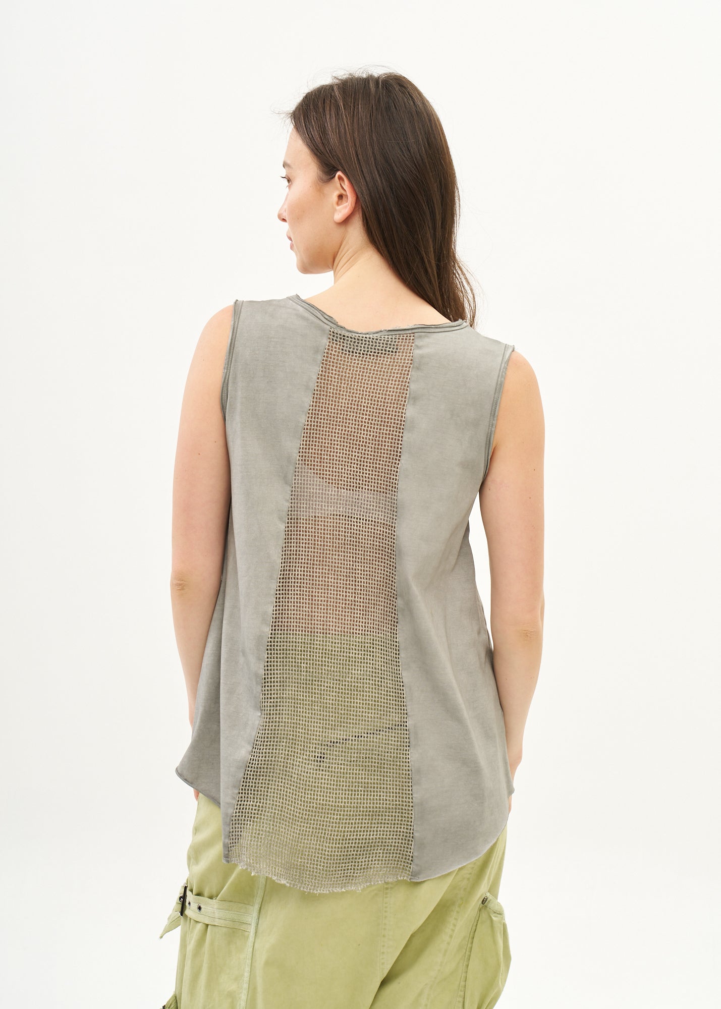 Dark grey wash dyed tank top with mesh insert