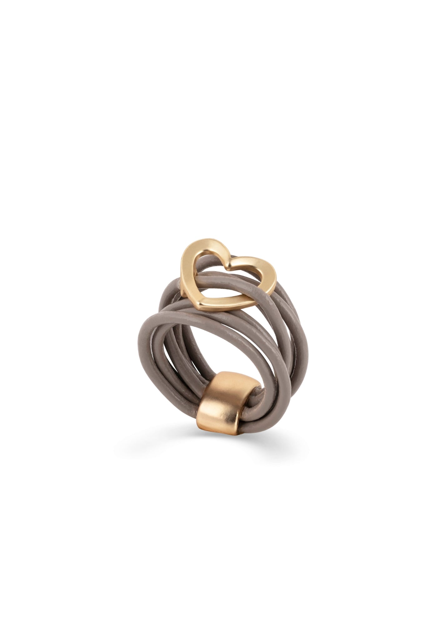 Ring with leather straps and a beige metal heart