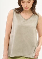 Wash-dyed tank top with mesh accents in washed grey