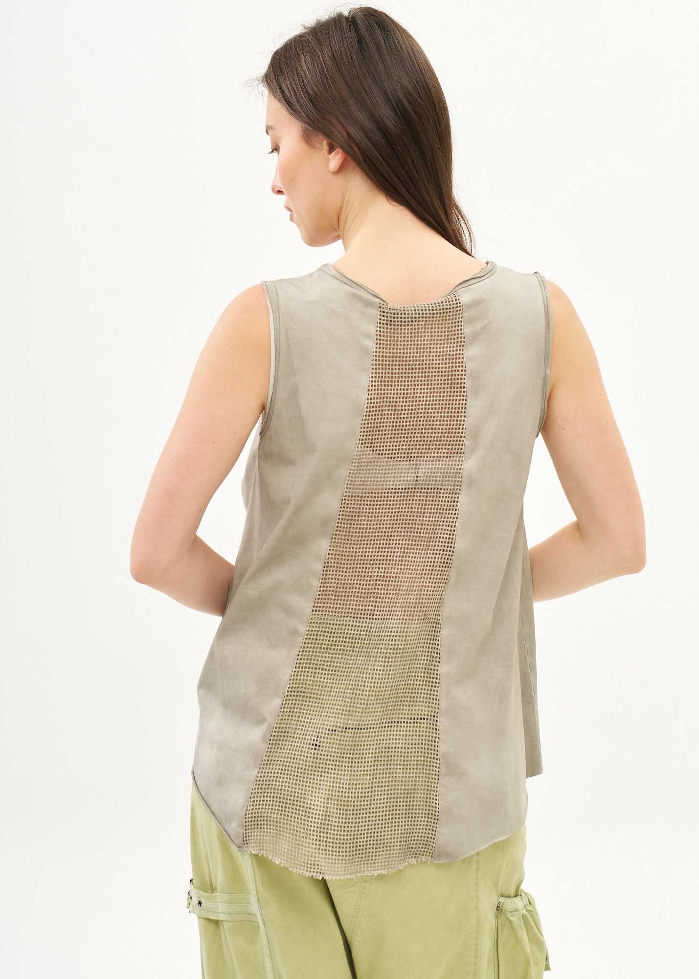 Wash-dyed tank top with mesh accents in washed grey