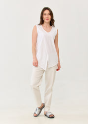 White V-neck tank top with diagonal stitching and slits