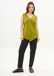 Green V-neck tank top with diagonal stitching and slits