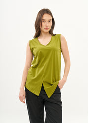 Green V-neck tank top with diagonal stitching and slits