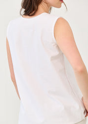 White V-neck tank top with diagonal stitching and slits