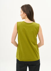 Green V-neck tank top with diagonal stitching and slits