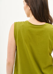 Green V-neck tank top with diagonal stitching and slits