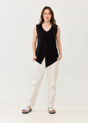 V-neck tank top with diagonal stitching and black flares
