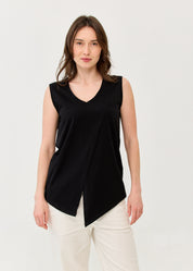 V-neck tank top with diagonal stitching and black flares