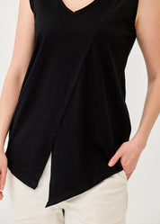 V-neck tank top with diagonal stitching and black flares