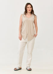 V-neck tank top with diagonal stitching and stone accents