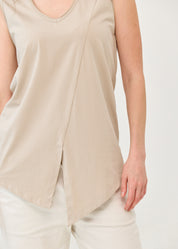 V-neck tank top with diagonal stitching and stone accents