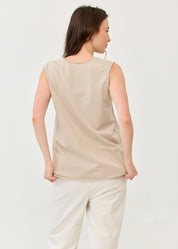 V-neck tank top with diagonal stitching and stone accents