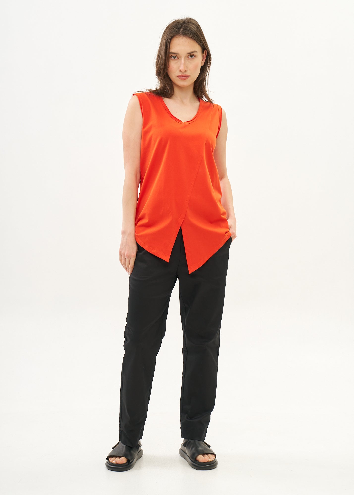V-neck tank top with diagonal stitching and red highlights