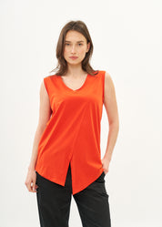 V-neck tank top with diagonal stitching and red highlights